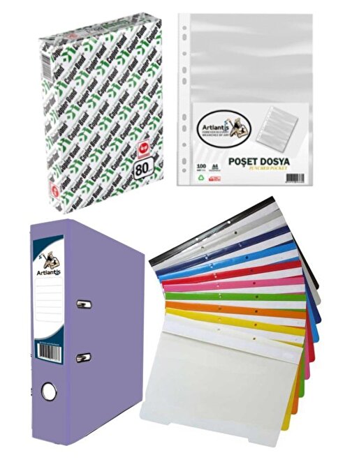 Fotokopi Kağıdı Lila Büro Klasörü Telli Dosya ve Poşet Dosya Seti 1 Adet Büro Klasörü 10 Renk Telli Dosya 100 Adet Poşet Dosya