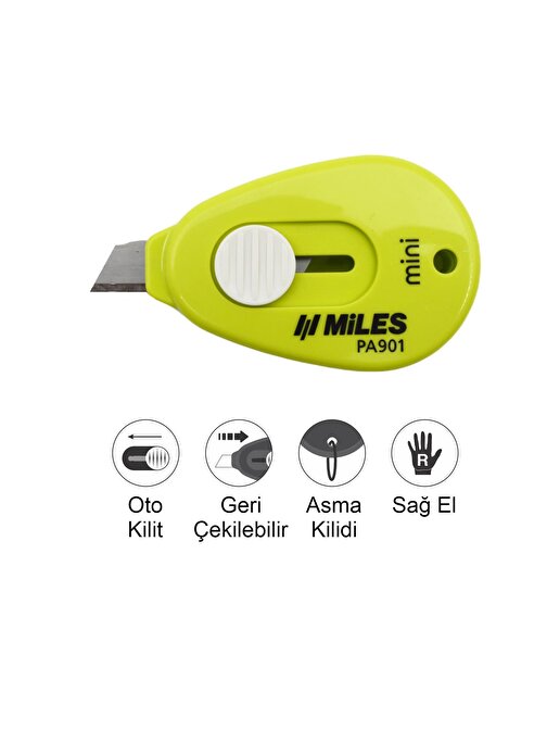 Miles Mini Maket Bıçağı Otomatik Kilit Güvenlikli 9 mm Yeşil PA901