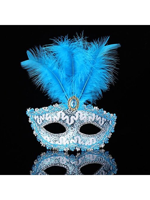 Himarry Mavi Dantel İşlemeli Mavi Tüylü Balo Parti Maskesi 17x20 cm