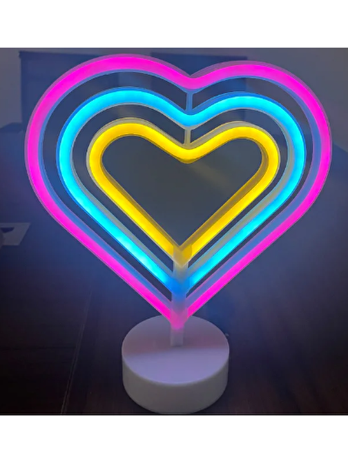 Neon Işıklı Kalp Masa Gece Lambası Pil+Usb Dekoratif Hediyelik