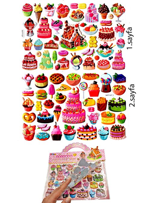 Sticker Kabartmalı Çantalı iki Sayfalı Sticker Seti (SW-027) - 24x15 cm- Pasta Kek Yiyecek