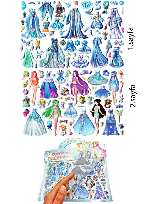 Sticker Kabartmalı Çantalı iki Sayfalı Sticker Seti (SW-033) - 24x15 cm - Mavi Kız Giydirme