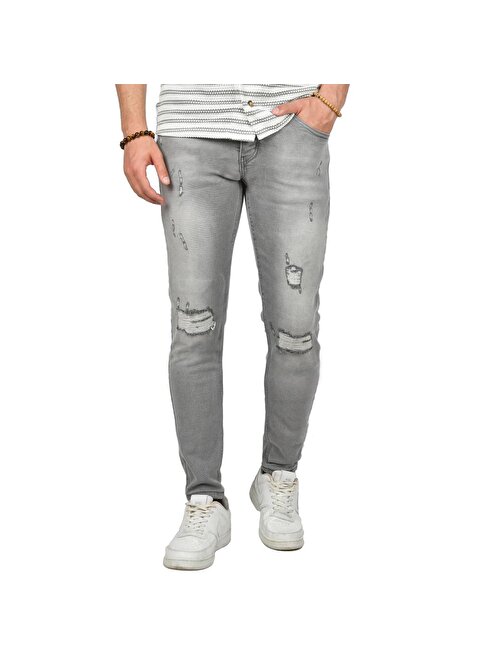 DeepSEA Erkek Gri Lazer Kesim Yırtıklı Slim Fit Kot Pantolon 2406552