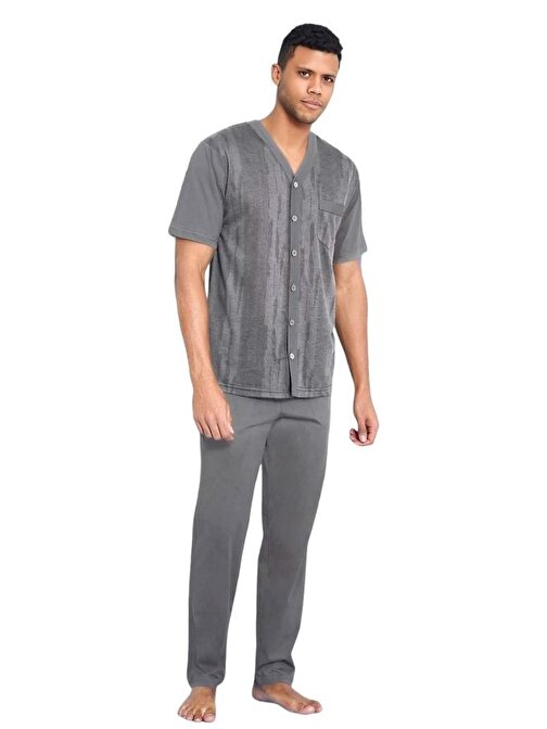 Kly Jakarlı Kısa Kol Önden Düğmeli Gömlek Erkek Pijama Takım