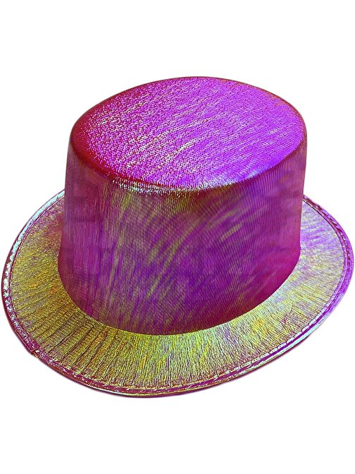 Fuşya Renk Işıltılı Hologram Kumaş Kaplama Fötr Silindir Şapka Yetişkin Boy