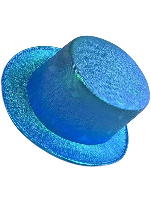 Mavi Renk Işıltılı Hologram Kumaş Kaplama Fötr Silindir Şapka Yetişkin Boy