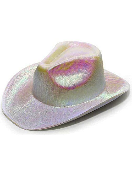 Neon Hologramlı Kovboy Model Parti Şapkası Beyaz Yetişkin 39X36X14 cm