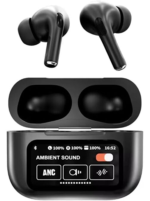Coverzone Dokunmatik Ekranlı Bluetooth Kulaklık Dijital Ekranlı ANC ve ENC Noise Reduction Muadil Kablosuz Kulaklık Kutusu ve Şarj Kablosu Dahil (X5 Dijital Ekran - Siyah)