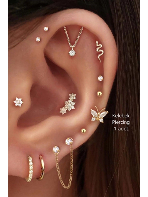 Gold Renkli Kelebek Figürlü Piercing Helix Kıkırdak Conch Lob