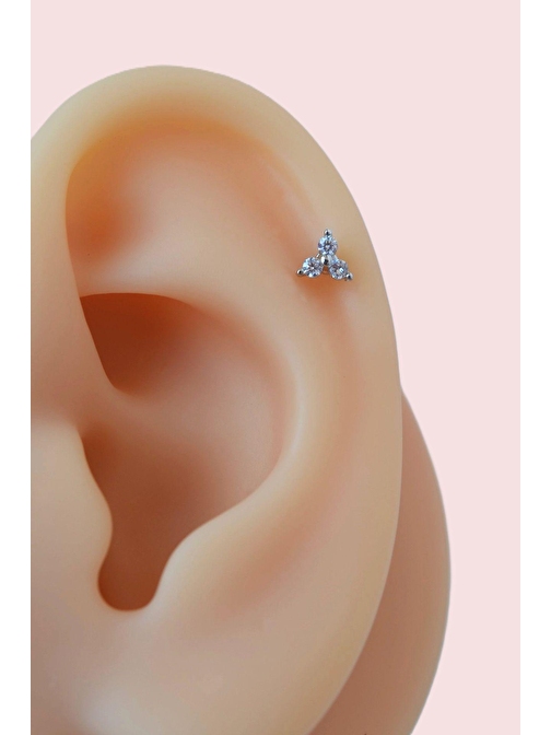 Gümüş Renkli Mini Üçtaşlı Zirkon Piercing Helix Kıkırdak Lob Conch