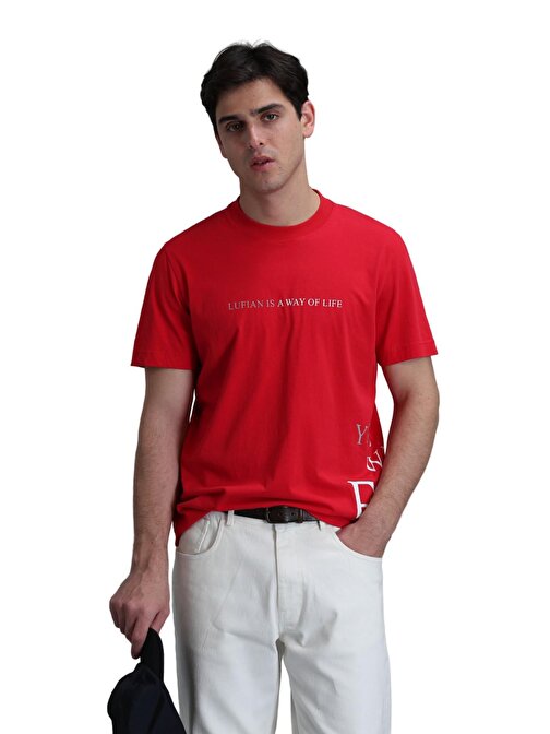 Lufian Bisiklet Yaka Yazı Baskılı Kısa Kollu Kırmızı Erkek T-Shirt 111020221