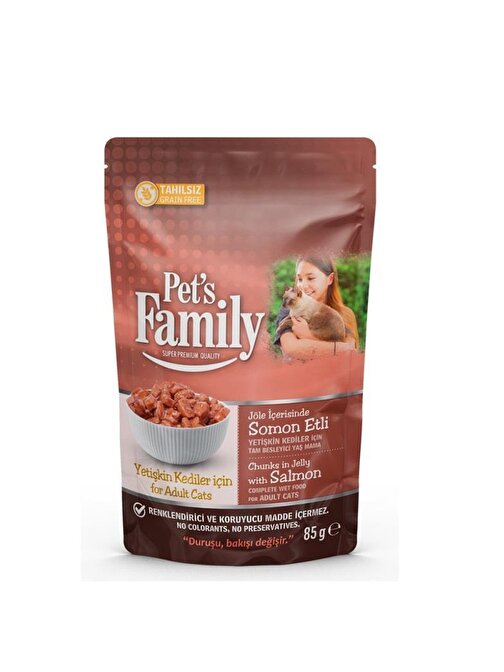 Pets Family Pouch Yetişkin Kediler İçin Somon Etli Jöle Yaş Mama 85Gr