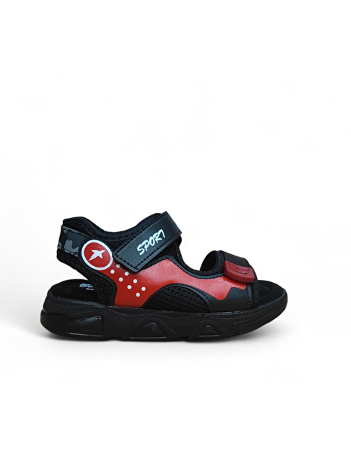 Erkek Çocuk Cırtlı Hafif Rahat Taban Sandalet Siyah-Kırmızı