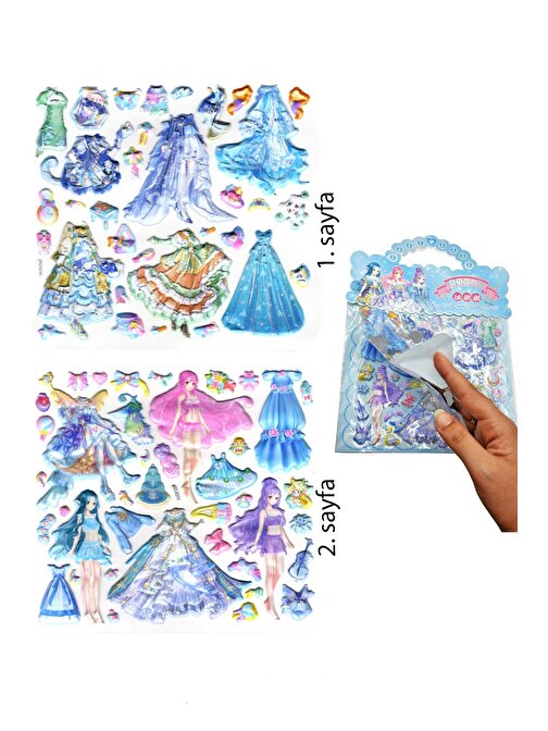 Sticker Kabartmalı Çantalı iki Sayfalı Sticker Seti (HQK016) - 21x17 cm- Mavi Kız Giydirme