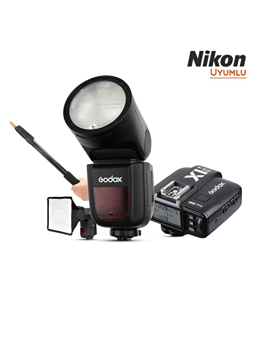 Godox V1 Nikon Flaş Kit (Yuvarlak Kafa) FULL Set