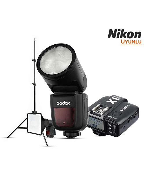 Godox V1 Nikon Flaş Full Set (Tepe Flaş + Tetikleyici + Ayak + Softbox)