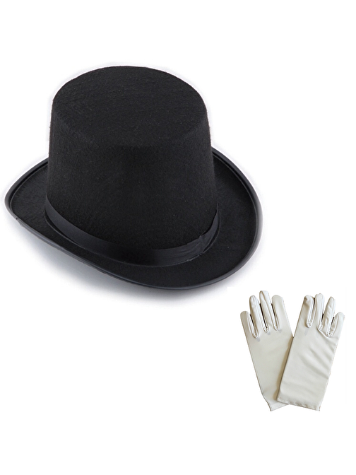 Siyah Sihirbaz Fötr Şapka 15 cm - 1 Çift Beyaz Sihirbaz Eldiveni - Yetişkin Boy