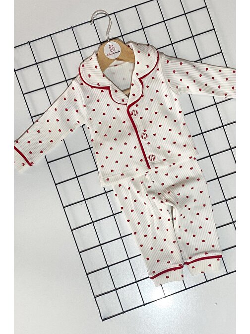 Minik Kalp Baskılı Yakalı Bebek Pijama Takımı
