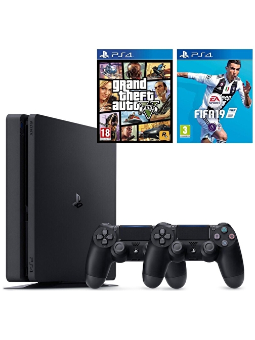 Sony PS4 Slim 500 GB Oyun Konsolu + PS4 Gta 5 + PS4 Fifa 19 Türkçe + 2. Kol