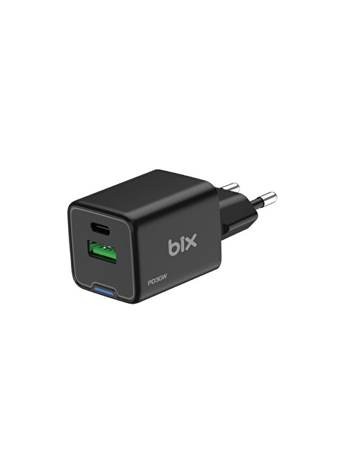 Bix 30W GaN USB-C + USB-A Hızlı Şarj Adaptörü iPhone, Android ve iPad Uyumlu Type-C PD PPS Şarj Aleti Siyah