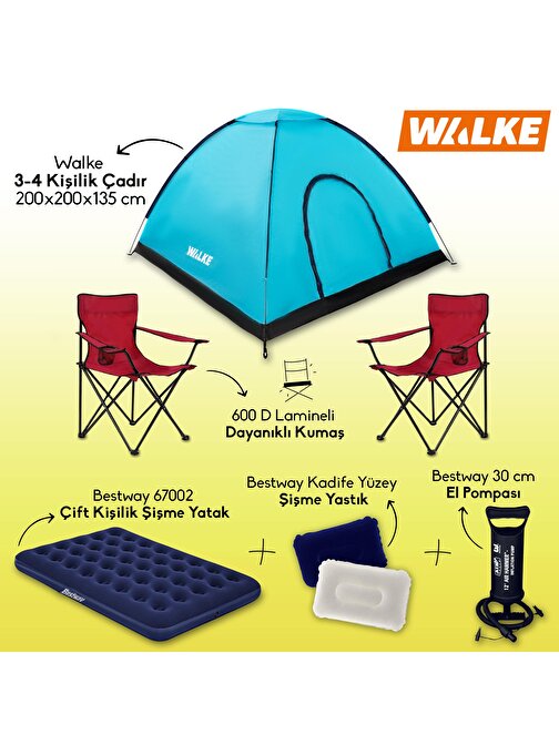 Walke Kırmızı Lüks Kamp Seti 4 Kişilik Çadır+ Çift Kişilik Yatak+ 2 Sandalye + 2 Yastık + Pompa