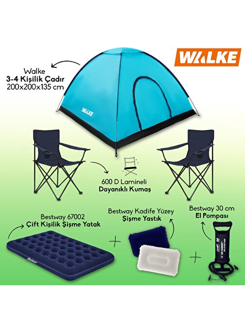 Walke Lacivert Lüks Kamp Seti 4 Kişilik Çadır+ Çift Kişilik Yatak+ 2 Sandalye + 2 Yastık + Pompa