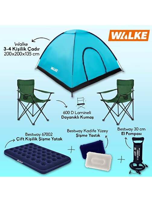 Walke Yeşil Lüks Kamp Seti 4 Kişilik Çadır + Çift Kişilik Yatak + 2 Sandalye + 2 Yastık + Pompa