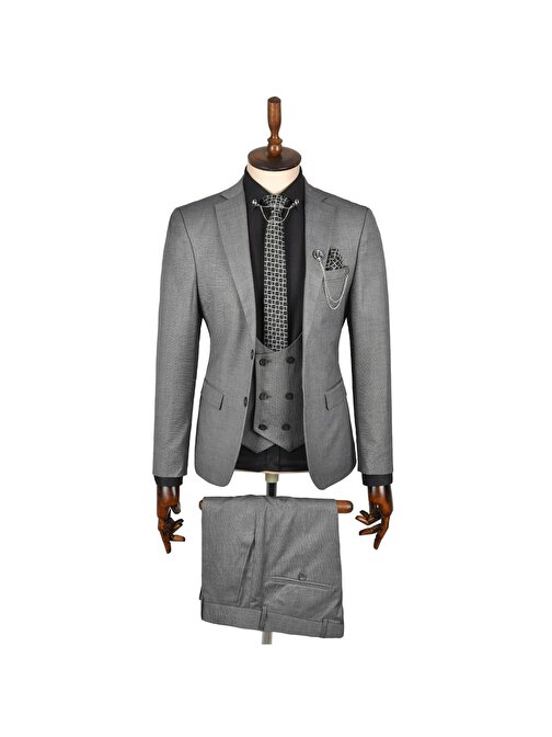 DeepSEA Erkek Gri İtalyan Kesim Çift Düğme Çift Yırtmaç 3lü Takım Elbise 5283001