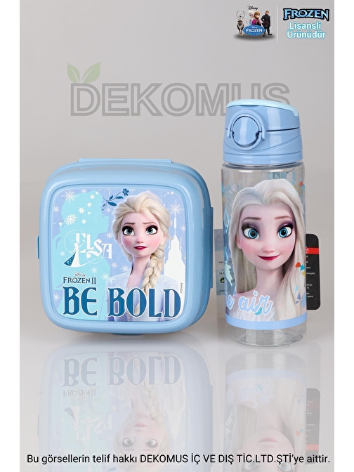 DEKOMUS LİSANSLI "MAVİ KARLAR ÜLKESİ ELSA FROZEN KOLEKSİYONU "BESLENME KABI VE 500 ML TRITAN MATARA OKUL/KIRTASİYE SETİ