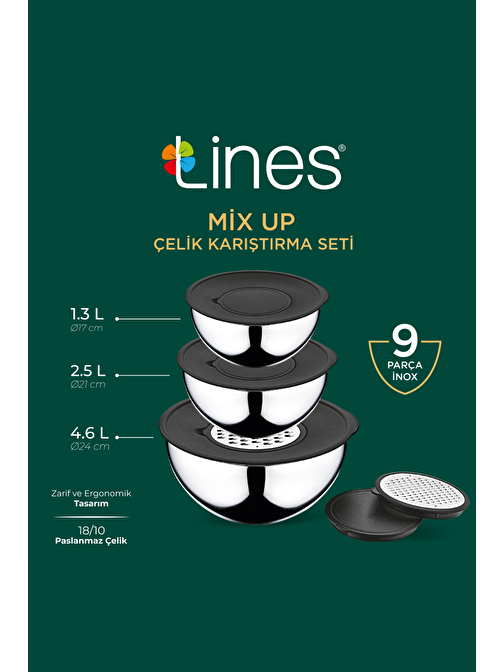 Lines Mix up Paslanmaz Çelik Rendeli Karıştırma Seti 9 parça Inox