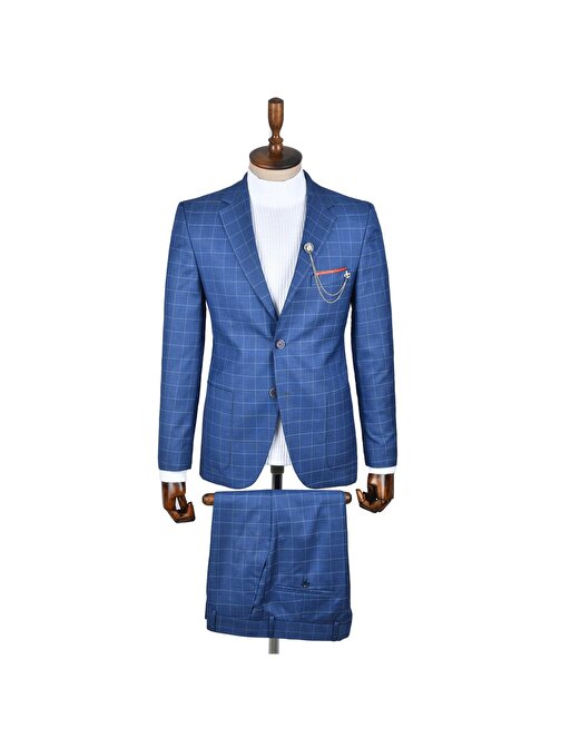 DeepSEA Erkek Mavi İnce Çizgili Ekose Desen Çift Düğme Çift Yırtmaç 2li Takım Elbise 2301372