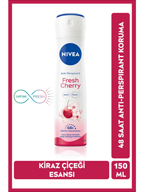 Kadın Sprey Deodorant Fresh Cherry 150ml, Gün Boyu Ferahlık, Kiraz Kokusu, 48 Saat Ter Koruması