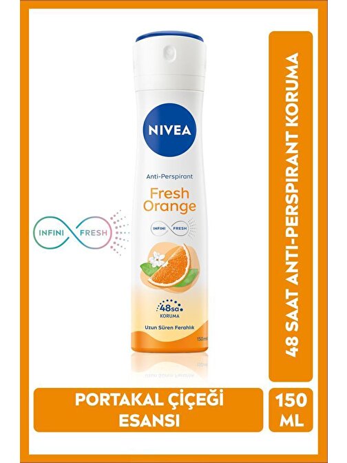 Kadın Sprey Deodorant Fresh Orange 150ml, Ter Kokusuna Karşı 48 Saat Koruma, Portakal Kokusu