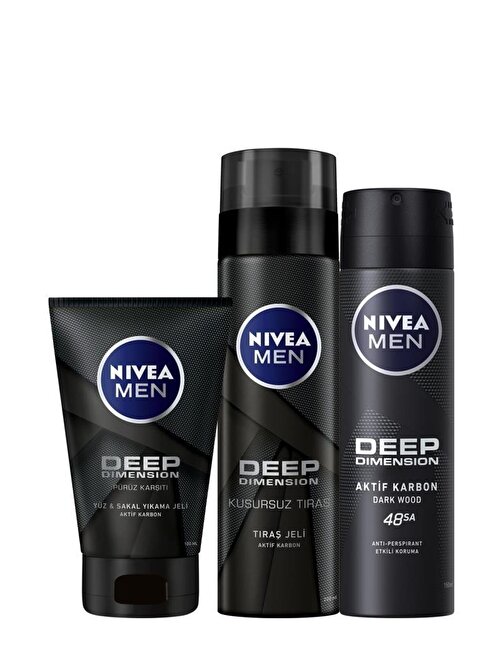 Nivea Men Deep Sakal Ve Yüz Jeli + Nivea Men Deep Tıraş Jeli 200 Ml + Nivea Men Deep Dimension Sprey Deodorant