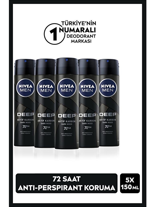 Nivea Men Erkek Sprey Deodorant Deep Dimension 48 Saat Anti-perspirant Koruma 150ml x 5 Adet