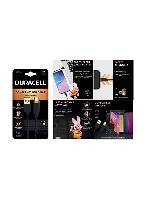 Duracell 1m USB-A-USB-C 3.2 Gen1 Braided Black