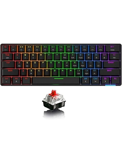 Ajazz Oyuncu Klavye STK61 Pudding Keycap Kablolu & Bluetooth Çift Mod Mekanik Gaming Keyboard (STK61 - Siyah - Kırmızı Switch)