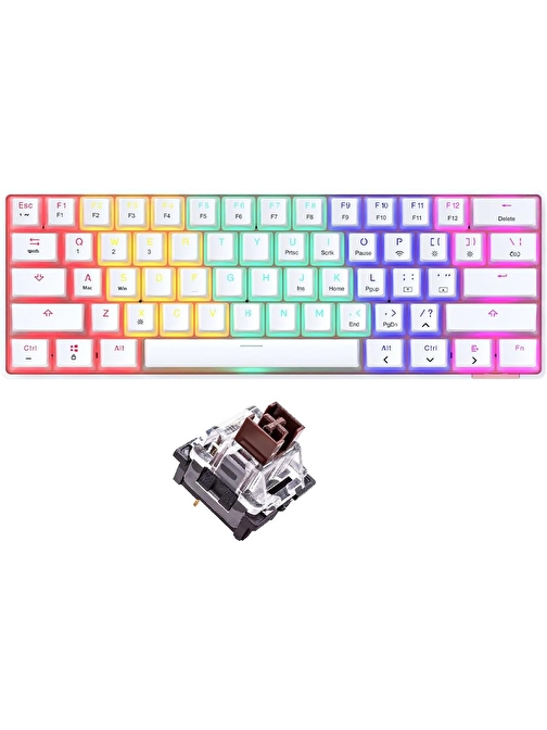 Ajazz Oyuncu Klavye STK61 Pudding Keycap Kablolu & Bluetooth Çift Mod Mekanik Gaming Keyboard (STK61 - Beyaz - Kahverengi Switch)