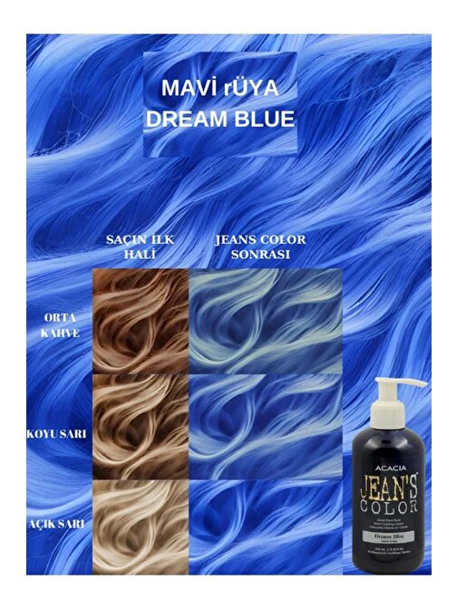 Jeans Color Amonyaksız Kokusuz Su Bazlı Saç Boyası 250 Ml Mavi Rüya Dream Blue Hair Dye