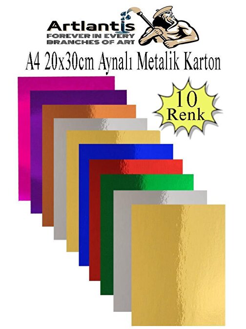 Metalik Aynalı Fon Kartonu A4 10 Renk 20X30 cm 1 Paket Okul Sınıf Dekoratif Pırıltılı Folyo Kağıt
