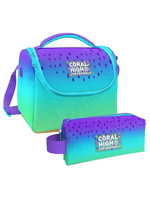 Coral High Mor Lila Renk Geçişli Desenli Kız Çocuk Isı Yalıtımlı Beslenme Çantası ve Kalemlik Seti