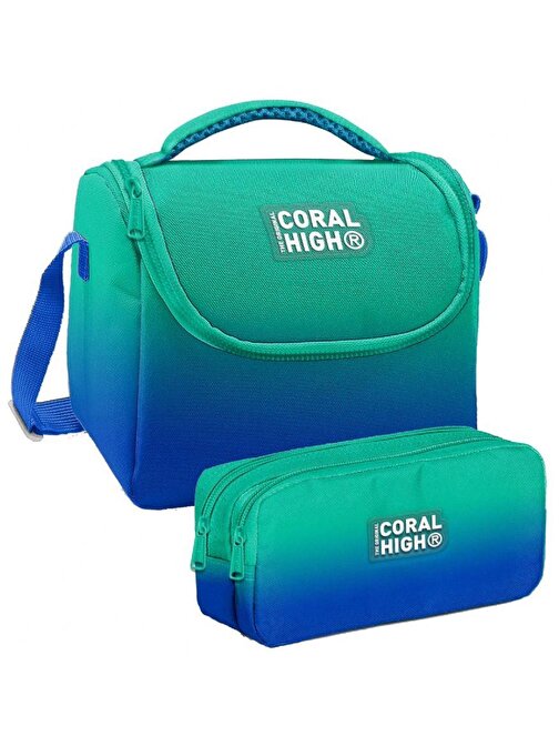 Coral High Yeşil Saks Renk Geçişli Desenli Erkek Çocuk Isı Yalıtımlı Beslenme Çantası ve Kalemlik Seti