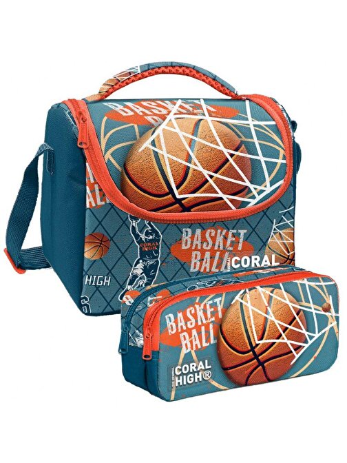 Coral High Nefti Turuncu Basketbol Desenli Erkek Çocuk Isı Yalıtımlı Beslenme Çantası ve Kalemlik Seti