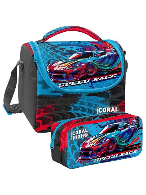 Coral High Gri Mavi Yarış Arabası Desenli Erkek Çocuk Isı Yalıtımlı Beslenme Çantası ve Kalemlik Seti