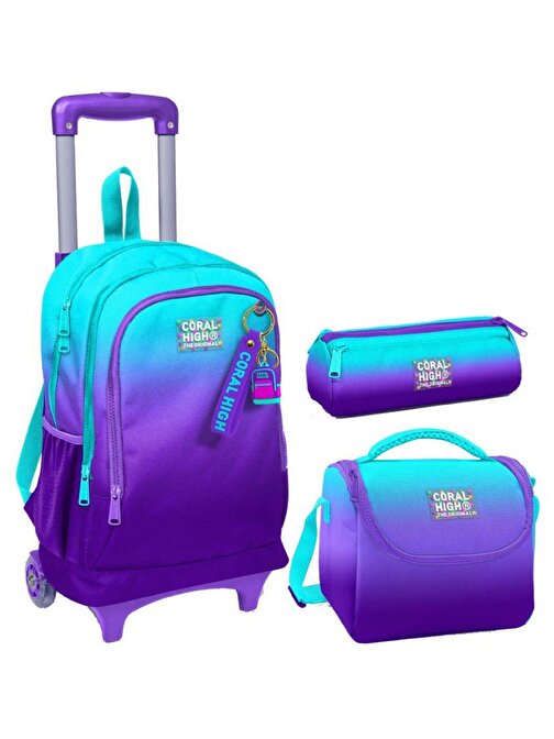 Coral High Turkuaz Mor Renk Geçişli Üçlü Çekçek Işıklı Tekerlekli Çanta Seti - Erkek Çocuk