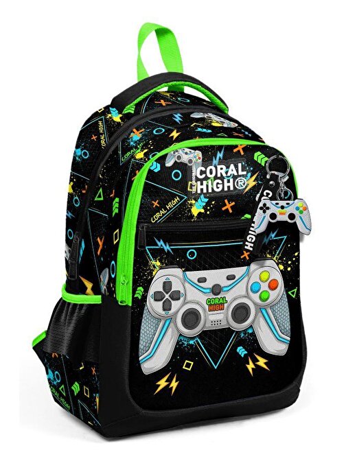 Coral High Siyah Fosforlu Yeşil Gamer Desenli Erkek Çocuk İlkokul Çantası ve Günlük Sırt Çantası