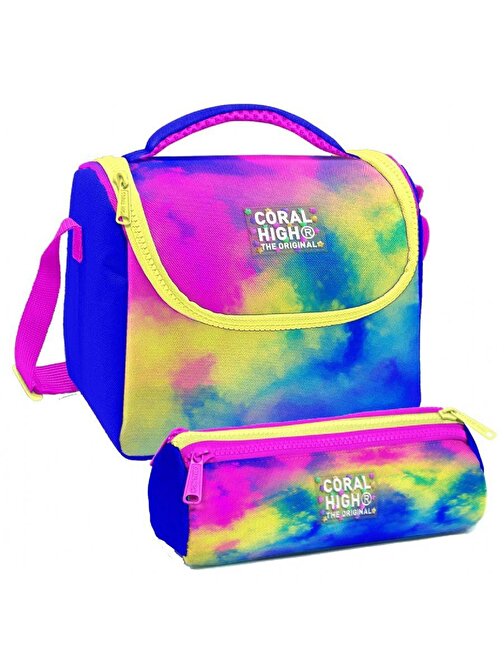 Coral High Renkli Batik Desenli Kız Çocuk Isı Yalıtımlı Beslenme Çantası ve Kalemlik Seti
