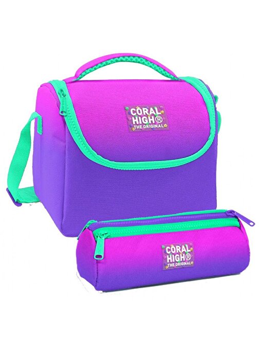 Coral High Pembe Mor Renk Geçişli Desenli Kız Çocuk Isı Yalıtımlı Beslenme Çantası ve Kalemlik Seti