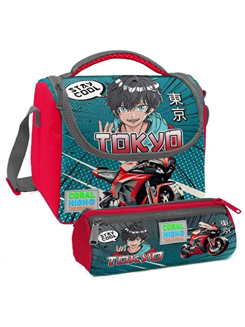 Coral High Gri Nefti Anime Motorsiklet Desenli Erkek Çocuk Isı Yalıtımlı Beslenme Çantası ve Kalemlik Seti