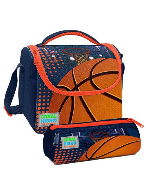 Coral High Turuncu Lacivert Basketbol Desenli Erkek Çocuk Isı Yalıtımlı Beslenme Çantası ve Kalemlik Seti